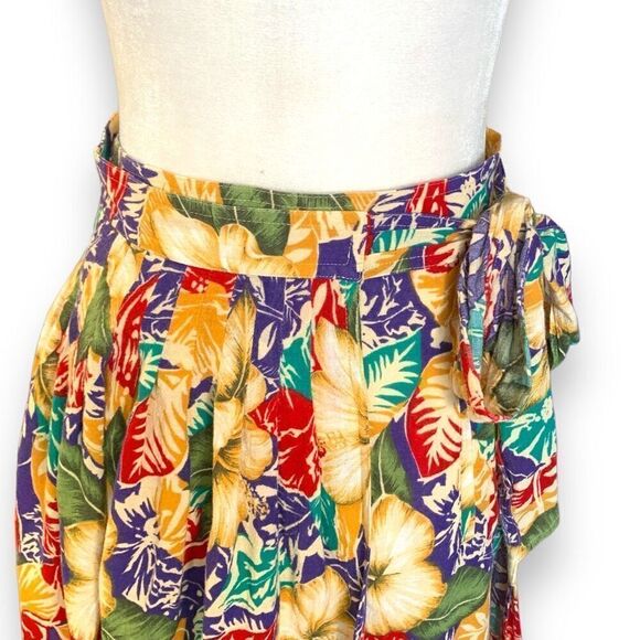 Vintage 90s Petite Skirt Colorful Tropical Hibiscus Floral Midi Wrap Bow Detail - Picture 3 of 10